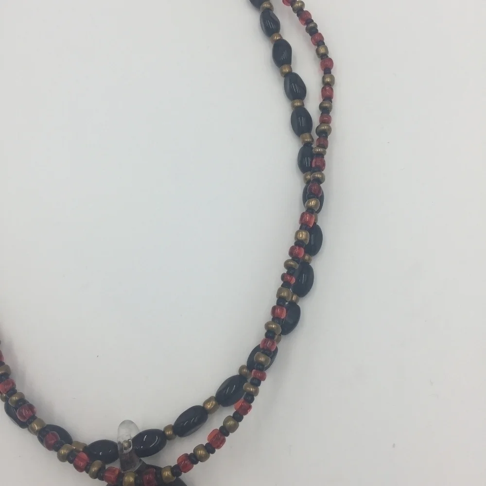 Handpainted Pointed Pendant Beaded Necklace Red